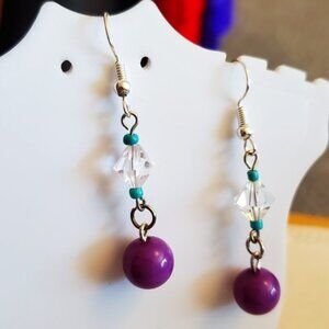 Silver Tone Hook Purple Beaded Dangle Earrings NWT
